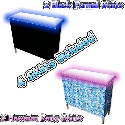 PARTYPONG Portable Bar w/ 16 LED Light Colors, Black & Hawaiian Bar Skirts, Supportive Storage Shelf, Folding Legs & Carrying Case - Double Bar in Kuwait