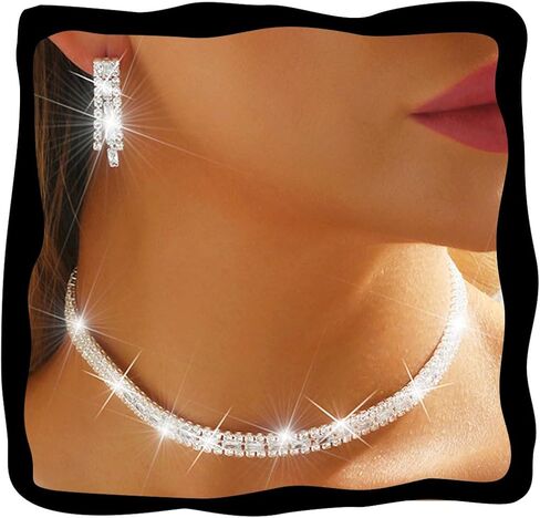 Nicute Silver Rhinestone Choker Classic Necklace and Earrings Set Bridal Wedding Jewelry Set Prom Costume Jewelry for Women in Saudi Arabia