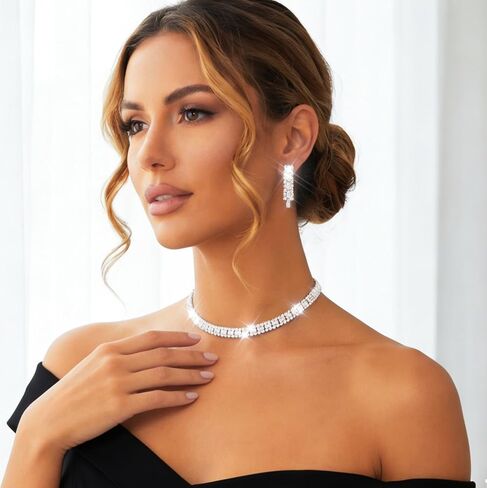 Nicute Silver Rhinestone Choker Classic Necklace and Earrings Set Bridal Wedding Jewelry Set Prom Costume Jewelry for Women in Saudi Arabia