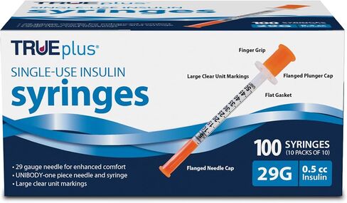 TRUEplus Single-Use Insulin Syringes, 29G 0.5cc 1/2 Inch Needle Length, 100 Count (10 Packs of 10) in Kuwait