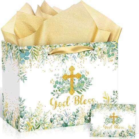 Peconal First Holy Communion Gift Bag Set with White Gold Cross, Tissue Paper, and Cards - Baptism, Confirmation, Christening, Religious Wedding Gift - 11.8 x 9.4 x 5.3 inches in Saudi Arabia