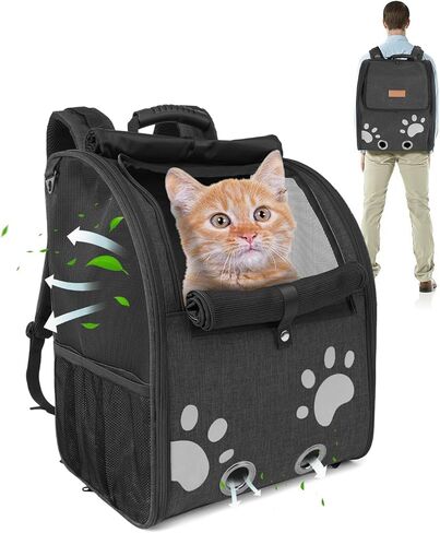 Cat Backpack Carrier for Dogs & Cats up to 15lbs, Ventilated Pet Carrier with Anti-Escape Leash & Airflow Vents, Lightweight Travel Backpack for Hiking, Camping (13.6"x10.8"x16.8", Grey) in Kuwait