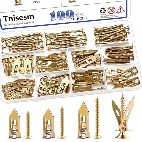 TNISESM 100PCS مرساة دريوال الحفر ذاتية الحفر مع مسامير ، 2025 مصنفة من الصلب المطلي بالزنك لمجموعة مراسك للمعادن ، بدون حفر وثقوب في الجدار (3 أحجام) in Saudi Arabia