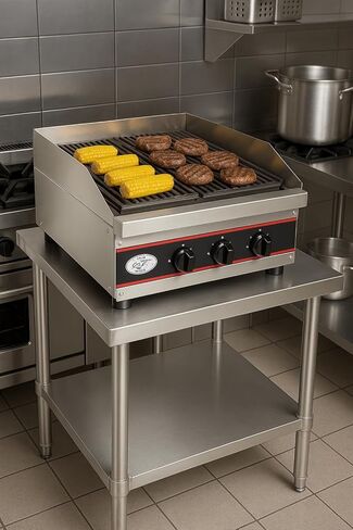 شواية الفحم الغازي التجارية Express-KitchQuip مقاس 24 بوصة - شواية فحم بشعلتين، 40000 وحدة حرارية بريطانية، ستانلس ستيل، 24 بوصة طول × 24 بوصة عرض × 13 بوصة ارتفاع - للمطعم، شاحنة الطعام، الشواية in Kuwait