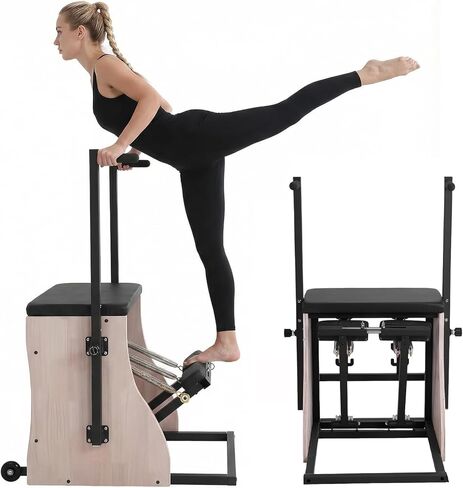 Generic Oak Wood Pilates Chair Reformer Machine Split Pedal Fitness Reformer with Resistance Bands and Springs Split Pedal Handles for Workout Equipment Home Gym or Studio in Saudi Arabia