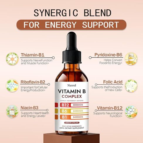 Nuvel فيتامين ب المركب قطرات مع B12، B1، B6، 5 في 1 فيتامين ب الملحق السائل للعافية اليومية in Kuwait