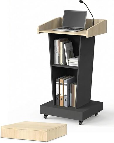 Wooden Podium Stand with Footrest, Rolling Lectern with Storage, Light Wood & Black Finish, 23.6" Desktop, Built-in Cable Holes, Sturdy Base, Mobile Pulpit for Schools, Meetings & Training in Kuwait