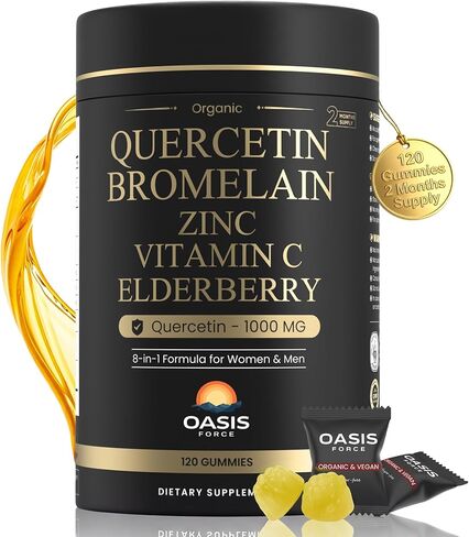 كيرسيتين 8 في 1 مع علكات بروميلين 1000 مجم، مكمل كيرسيتين عضوي عالي الفعالية مع الزنك وفيتامين C، نبات البلسان، الصحة الموسمية ودعم المناعة، نباتي، خالي من السكر، 120 علكة in Kuwait