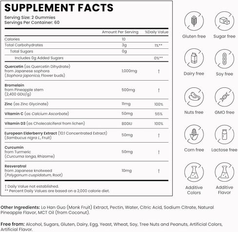 كيرسيتين 8 في 1 مع علكات بروميلين 1000 مجم، مكمل كيرسيتين عضوي عالي الفعالية مع الزنك وفيتامين C، نبات البلسان، الصحة الموسمية ودعم المناعة، نباتي، خالي من السكر، 120 علكة in Kuwait