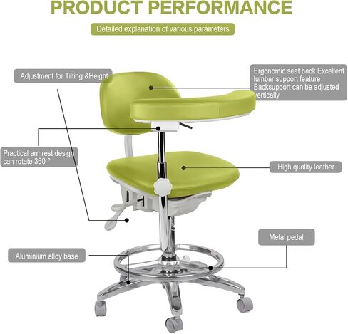 كرسي مجهر أسنان Ergo-Foot مع وضع ديناميكي ذكي - تصميم قابل لضبط الارتفاع، ومساند للأذرع دوارة 360 درجة ومسند ظهر متكيف لطب الأسنان الدقيق، اللون أخضر in Kuwait