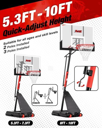 طوق كرة السلة في الهواء الطلق بارتفاع 5.3-10 أقدام قابل للتعديل، نظام هدف كرة السلة المحمول مع لوحة خلفية مقاومة للكسر مقاس 45 بوصة لجميع الأعمار في الفناء الخلفي/الممر/الداخلي in Kuwait