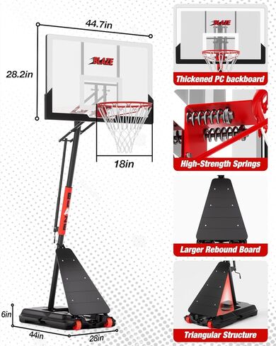 طوق كرة السلة في الهواء الطلق بارتفاع 5.3-10 أقدام قابل للتعديل، نظام هدف كرة السلة المحمول مع لوحة خلفية مقاومة للكسر مقاس 45 بوصة لجميع الأعمار في الفناء الخلفي/الممر/الداخلي in Kuwait