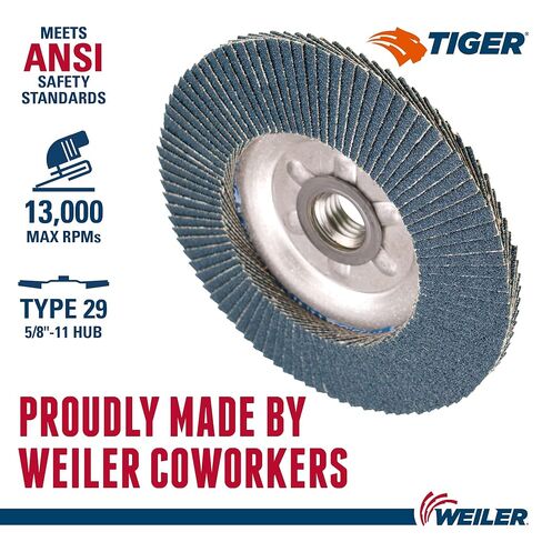 Weiler 50519 Tiger Premium Type 29 قرص قلاب بزاوية، زركونيا ألومينا، 60 حبيبة، 5/8"-11" UNC، 13000 دورة في الدقيقة، 4-1/2 in Saudi Arabia