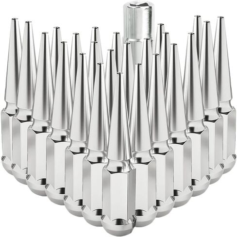M14x1.5 Spike Lug Nuts for Silverado 1500, 24PCS Black 14x1.5 Wheel Lug Nuts for F150 Sierra 1500, 14mm x 1.5 Bulge Acorn Lug Nut with 1 Socket Key for Aftermarket Wheel (Silver) in Saudi Arabia