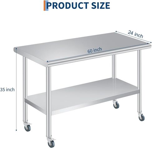 24x60 Inch Stainless Steel Outdoor Prep Table – Commercial Workstation with Adjustable Undershelf, Backsplash, Rounded Corners & 4 Lockable Casters – Ideal for Restaurants, Hotels, BBQ in Saudi Arabia