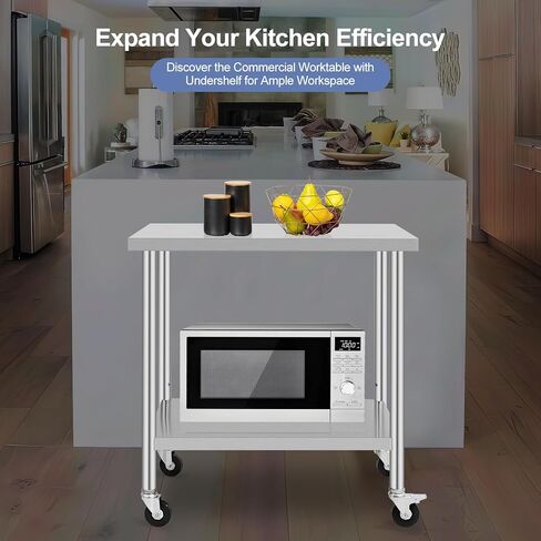 طاولة عمل من الفولاذ المقاوم للصدأ مقاس 36 × 24 بوصة مع عجلات قفل ورف سفلي، سعة تحميل 250 رطل، ارتفاع قابل للتعديل، للمطعم in Kuwait
