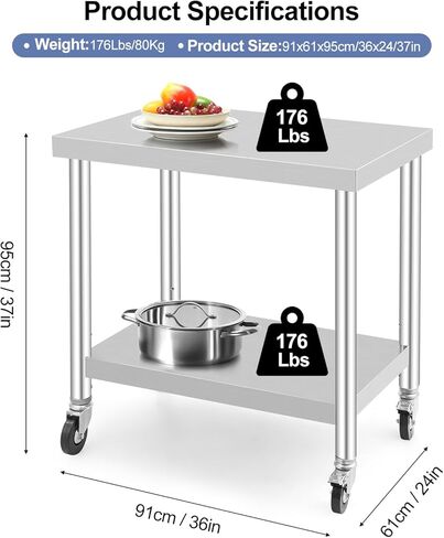 طاولة عمل من الفولاذ المقاوم للصدأ مقاس 36 × 24 بوصة مع عجلات قفل ورف سفلي، سعة تحميل 250 رطل، ارتفاع قابل للتعديل، للمطعم in Kuwait