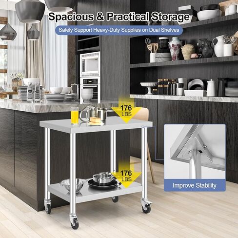 طاولة عمل من الفولاذ المقاوم للصدأ مقاس 36 × 24 بوصة مع عجلات قفل ورف سفلي، سعة تحميل 250 رطل، ارتفاع قابل للتعديل، للمطعم in Kuwait