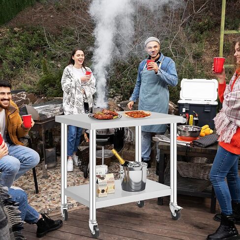 طاولة عمل من الفولاذ المقاوم للصدأ مقاس 36 × 24 بوصة مع عجلات قفل ورف سفلي، سعة تحميل 250 رطل، ارتفاع قابل للتعديل، للمطعم in Kuwait