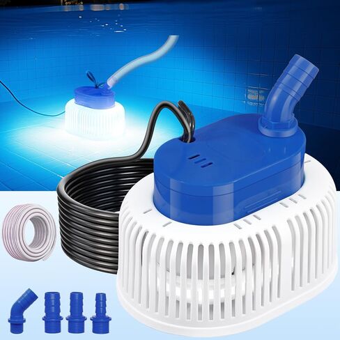 Pool Cover Pump with Lights,2025 Above Ground Sump Pump Submersible, Sump Pumps for Pool Draining, Swimming Water Removal Pumps with 16ft Drainage Hose & 25 ft Extra Long Power Cord,850 GPH,4 Adapters in Kuwait