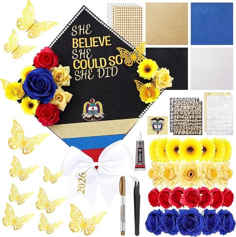 Winnerwhy 50pcs DIY Mexican Flag Flag Cap Decorations 2025 Handmade Mexico Grad Hat Kit تضمنت فوهة زهرة فو ، رقم رسالة راينستونز ثلاثية الفراشة 3D in Kuwait