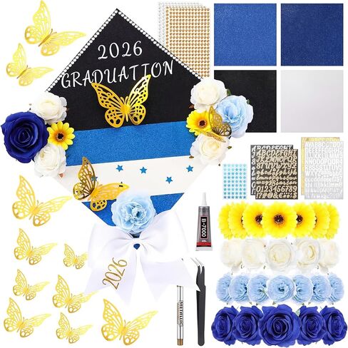 WinnerWhy 50Pcs DIY Mexican Flag Graduation Cap Decorations 2025 Handmade Mexico Grad Hat kit Included Faux Flower Heads Letter Number Rhinestones 3D Butterfly Stickers for Craft Graduation Cap Topper in Kuwait