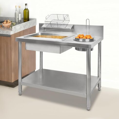 Stainless Steel Fried Chicken Coating Table, 39.4×25.2×37.4In Chicken Chop Breading Station, Fried Chickens Breading Worktop for Burger Shops, Fast Food Restaurants in Kuwait