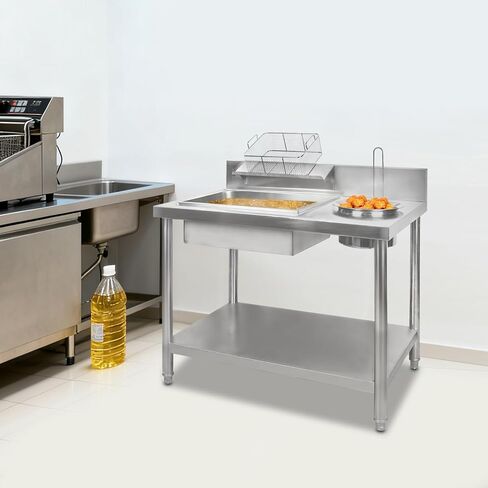 Stainless Steel Fried Chicken Coating Table, 39.4×25.2×37.4In Chicken Chop Breading Station, Fried Chickens Breading Worktop for Burger Shops, Fast Food Restaurants in Kuwait