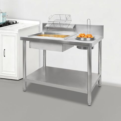 Stainless Steel Fried Chicken Coating Table, 39.4×25.2×37.4In Chicken Chop Breading Station, Fried Chickens Breading Worktop for Burger Shops, Fast Food Restaurants in Kuwait