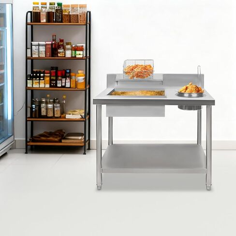 Stainless Steel Fried Chicken Coating Table, 39.4×25.2×37.4In Chicken Chop Breading Station, Fried Chickens Breading Worktop for Burger Shops, Fast Food Restaurants in Kuwait