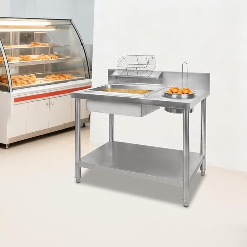 Stainless Steel Fried Chicken Coating Table, 39.4×25.2×37.4In Chicken Chop Breading Station, Fried Chickens Breading Worktop for Burger Shops, Fast Food Restaurants in Kuwait
