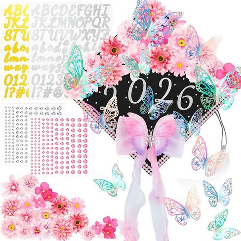 DIY Graduation Cap Decorations Kits Purple Faux Flower Heads 3D Butterfly Bow Ornament Adhesive Rhinestones Glitter Alphabet Letter Number Sticker for Grad Cap Topper Graduation Party DIY Crafts in Kuwait