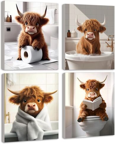 KUVIOKE Cute Highland Cow Bathroom Framed Wall Art Funny Animal Rustic Bathroom Canvas Prints Restroom Farmhouse Ready to Hang Set of 4, 8x10in (Framed) in Saudi Arabia
