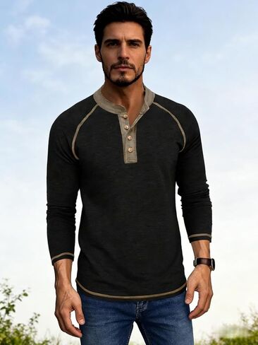 Mens Color Block Henley Sweatshirt Long Sleeve Crewneck Contrast Panel Breathable Base Layer for Fall Winter Work and Travel in Saudi Arabia