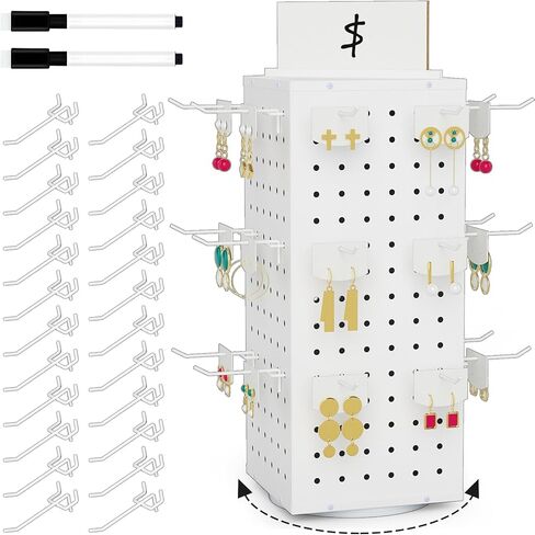 حامل عرض بيجبورد دوار مع 24 خطافًا، رف لوح ربط معدني على الطاولة للعروض الحرفية والمعارض، ومتاجر البيع بالتجزئة، ولمسة نهائية للفنون والحرف اليدوية - منظم رف الحرف اليدوية بأربعة جوانب (أبيض) in Kuwait