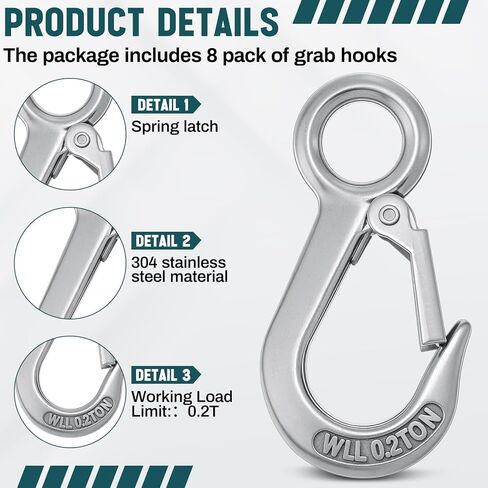 Frienda 8 Pack Grab Slip Hooks Bulk 304 Stainless Steel 0.2t Lifting Hook Rigging Accessory 440 lbs. Work Load for Loading and Unloading of Goods, Mining Equipment, Land Transportation in Saudi Arabia