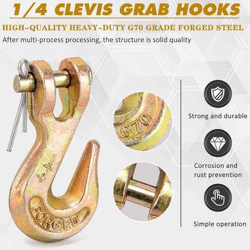 1/4 Chain Hook, Heavy Duty 1/4 Chain Hooks, 3600Lbs Working Load G70 Clevis Grab Hook 1/4 Inch for Trailer Truck Tow Chain Transport -Yellow Chromate Finish (4 Pack) in Kuwait
