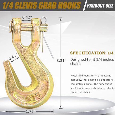 1/4 Chain Hook, Heavy Duty 1/4 Chain Hooks, 3600Lbs Working Load G70 Clevis Grab Hook 1/4 Inch for Trailer Truck Tow Chain Transport -Yellow Chromate Finish (4 Pack) in Kuwait