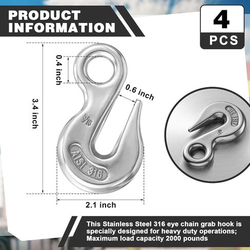4 Pcs Stainless Steel 316 Eye Chain Grab Hook, 5/16 Inch, Heavy Duty Marine Grade for Truck, Boat, and Heavy Operations, 2000 Pounds Capacity in Kuwait