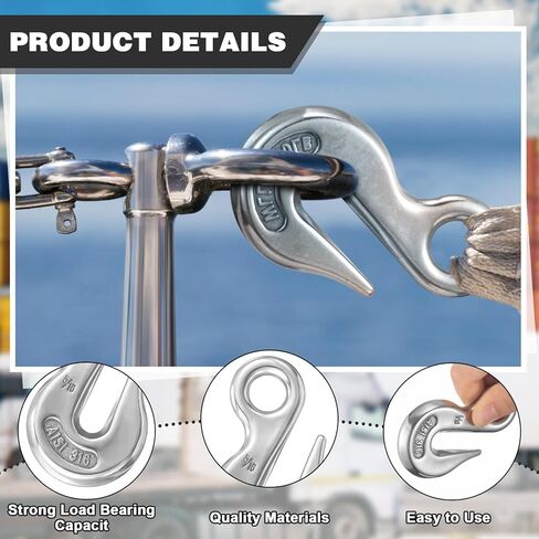 4 Pcs Stainless Steel 316 Eye Chain Grab Hook, 5/16 Inch, Heavy Duty Marine Grade for Truck, Boat, and Heavy Operations, 2000 Pounds Capacity in Kuwait