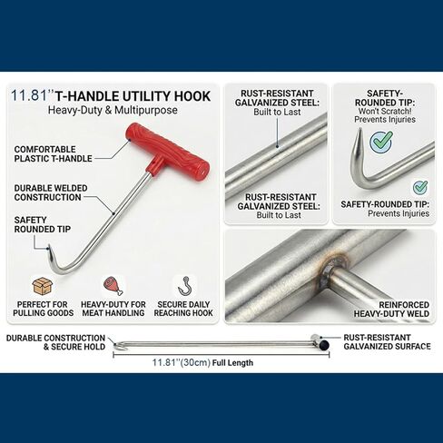 Heavy Duty 12''(30cm) T Shape Lifting Reaching Hook for Lifting Pulling Moving Manhole Covers, Storm Drains, Septic Tank Lids Door Pointed Head, Hand Meat Hook in Kuwait