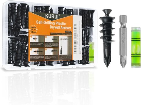 KURUI Black Self Drilling Drywall Anchors, 140PCs #8 Dry Wall Anchors and Flat Head Screws Kit, 70 Anchors + 70 Screws, 75LB Heavy Duty Hanging for Picture Frames Wall Decor Art, Sheetrock Hangers in Kuwait