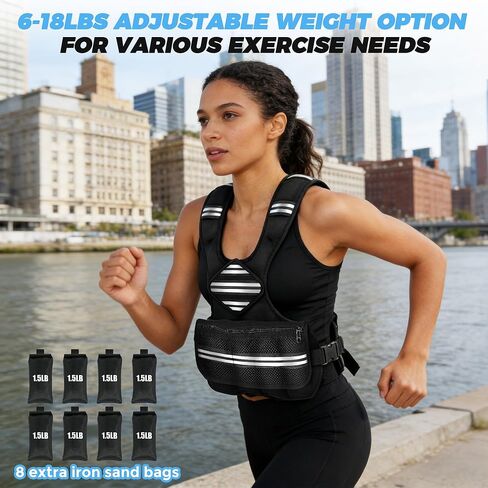 سترة مرجحة قابلة للتعديل للنساء الرجال ، 6-18 رطلا سترة المشي مرجحة مع 8 أوزان وشريط عاكس ، سترات وزن تدريب القوة لتشغيل صالة الألعاب الرياضية في المنزل ، جيب كبير سحاب in Kuwait