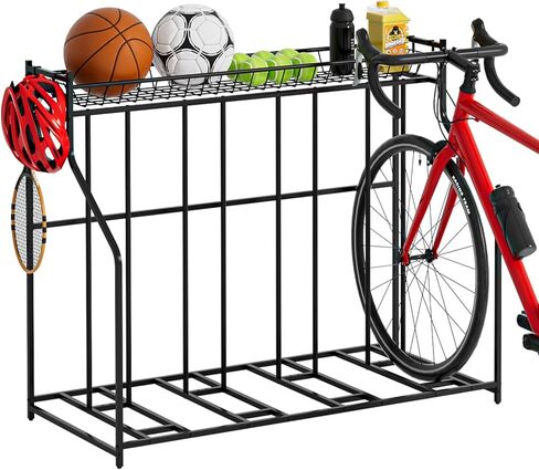 4 Bike Stand, Bike Rack Garage with 3-Tier Storage Rack, Bicycle Stand for Garage Organizer, Indoor Sporting Gear Storage Station for Mountain/Road/Hybrid & Fat Tire Bike, Patent Pending in Saudi Arabia