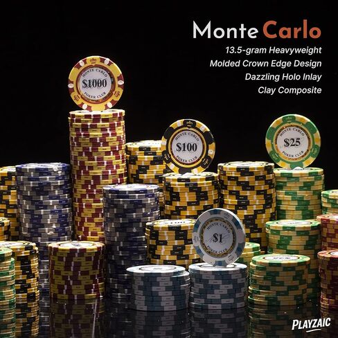 Tournament Bulk Monte Carlo Clay Composite Poker Chips - 13.5-gram Deluxe Casino Quality with Holographic Inlay and Tri-Color Crown Edge Design in Saudi Arabia
