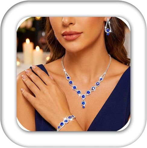 Aukmla Silver Crystal Bridal Jewelry Set Rhinestone Wedding Necklace Earrings Bracelet Sets Prom Costume Necklaces for Women and Brides in Saudi Arabia