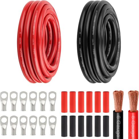 كابل طاقة بطارية 6 Awg - 15FT أحمر + 15FT أسود 6 كابل لحام مرن سلك نحاسي OFC مع موصلات طرفية العروات وأنبوب الانكماش الحراري للسيارات والبطارية والعاكس والقارب والمولد in Kuwait