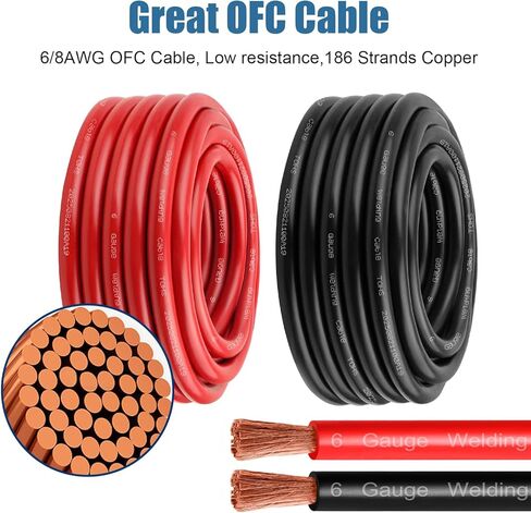 كابل طاقة بطارية 6 Awg - 15FT أحمر + 15FT أسود 6 كابل لحام مرن سلك نحاسي OFC مع موصلات طرفية العروات وأنبوب الانكماش الحراري للسيارات والبطارية والعاكس والقارب والمولد in Kuwait