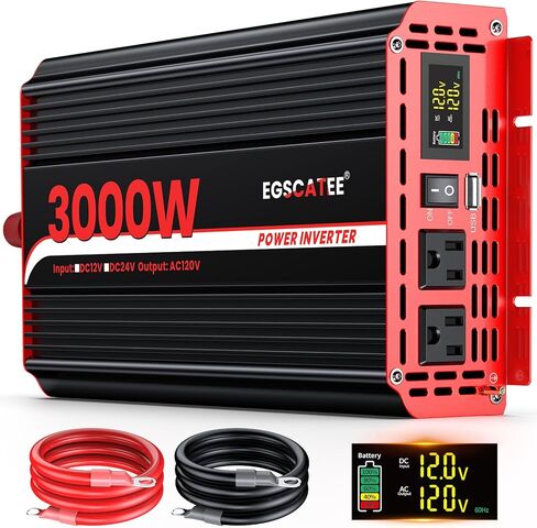 3000 Watts Power Inverter 12V DC to 110V/120V AC Converter Peak Power 6000W Car Inverter with LCD Display, 2 AC Outlets, 3.1A USB Port for RV, Camping,Truck, Boat, Off-Grid Solar System in Kuwait