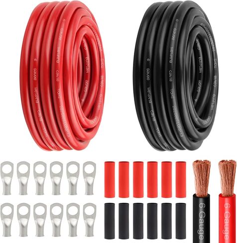 كابل طاقة بطارية 6 Awg - 15FT أحمر + 15FT أسود 6 كابل لحام مرن سلك نحاسي OFC مع موصلات طرفية العروات وأنبوب الانكماش الحراري للسيارات والبطارية والعاكس والقارب والمولد in Kuwait